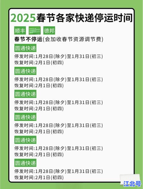 详细阅读:2025春节快递停运时间表曝光:顺丰京东邮政停运吗?快递什么时候停发过年全解析 2025春节快递停运时间表曝光:顺丰京东邮政停运吗?快递什么时候停发过年全解析